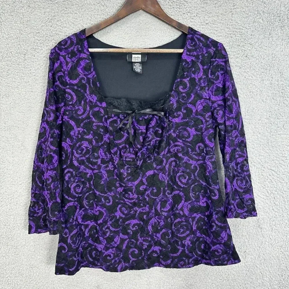 Studio 1940 Purple Burnout Mesh Top L Whimsigoth Fairy Grunge Witchy Milkmaid